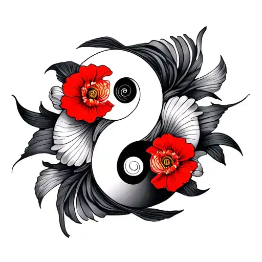 Red Likoris Flower And Yin And Yang Fish