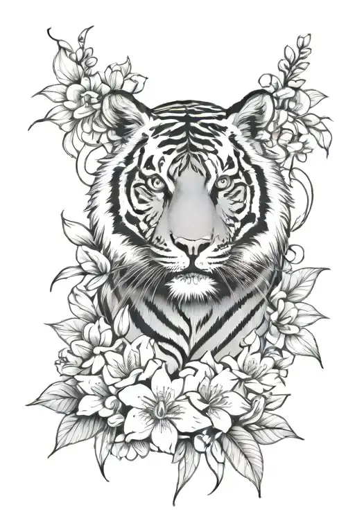 Tattoo On The Forearm With A Tiger Going Down Vertically Surrounded By Columbine Flowers