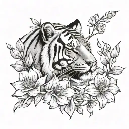 Tattoo On The Forearm With A Full Tiger Going Down Vertically Surrounded By Columbine Flowers