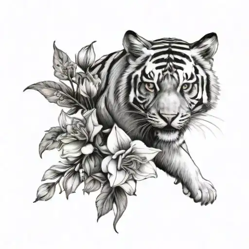 Tattoo On The Forearm With A Whole Tiger Going Down Vertically Surrounded By Columbine Flowers