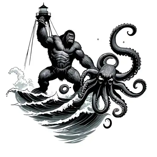 King Kong Hanging From The Top Of A Lighthouse Fighting An Octopus In The Waves Beneath Him