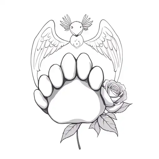 A Black And White Tattoo Of My Cat's Paw With An Angel And A Rose