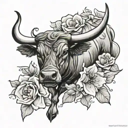 Tattoo On The Forearm With A Spanish Fighting Bull With Columbine Flowers