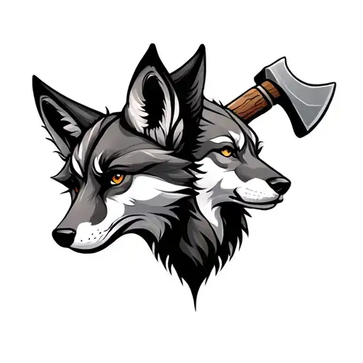Simple Fox And Wolf Heads Back To Back With An Axe In The Back