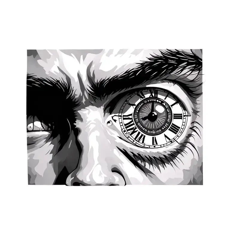 Man Right Eye With A Clock With Roman Numbers In The Pupill