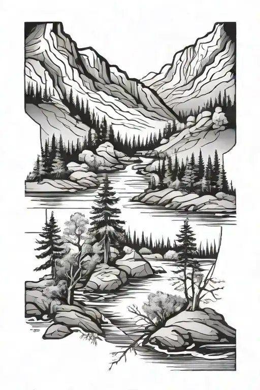 Mountain Landscape With River And Trees Tattoo For Upper Arm