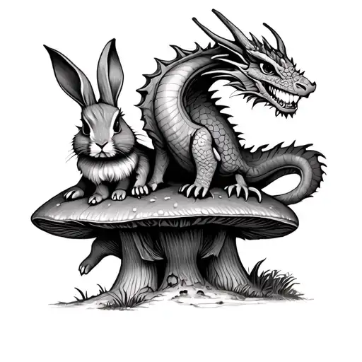 Wood Dragon Water Rabbit With Elf Piper Sat On Mushroom Stool