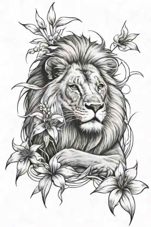 Lion Laying In Grass With Lilys With The Wind Blowing