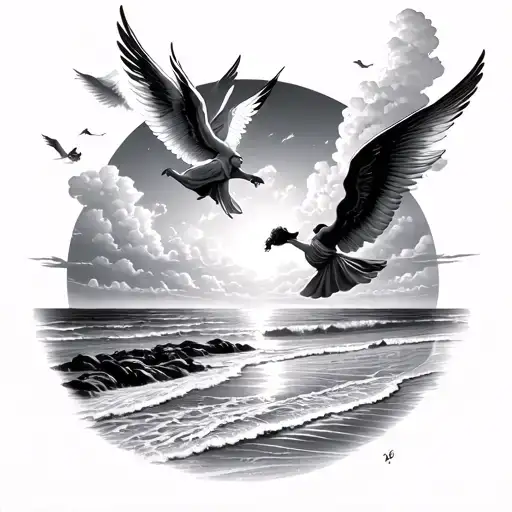 Beach Side View With Clouds And Angels Flying