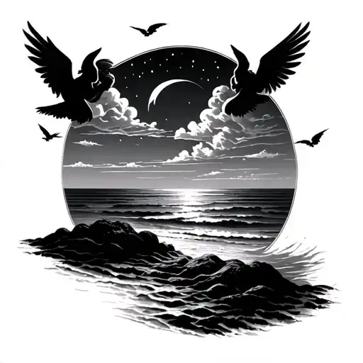 Beach Side View With Clouds And Angels Flying