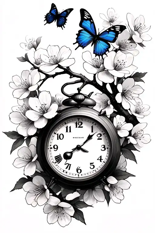 Cherry Blossom Branch With Butterflies And A Clock