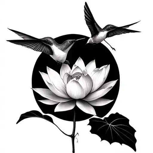 Tattoo Of Thin Hummingbirds Fades Above The Lotus Flower
