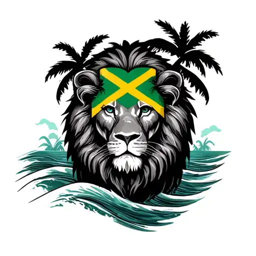 Lion With Palm Trees And Waves With A Jamaican Flag