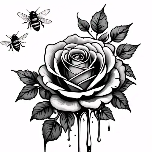 Rose Flows With Bees Flying And Honey Dripping