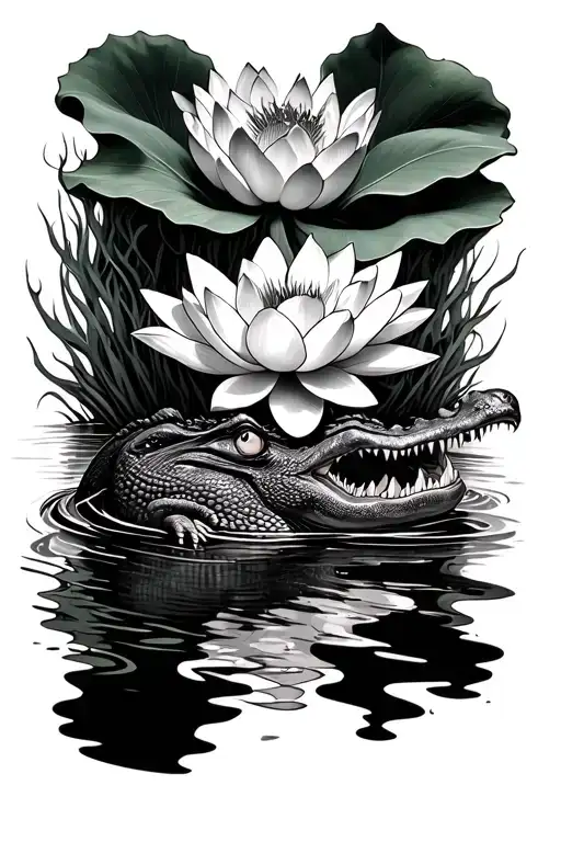 Swamp With A Crocodile And On Top Of It A Lotus Flower