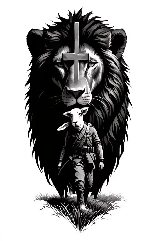 Half Lion And Half Lamb 3 Crosses And A Soldier Walking Through A Field