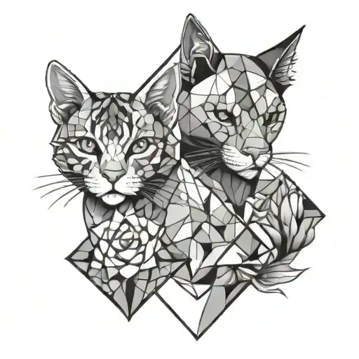 Cat Dow And Parrot With Paws And Geometric Pattern