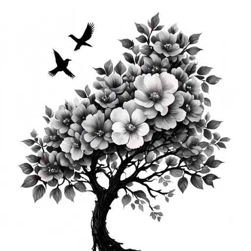 Tree With Flowers And Birds