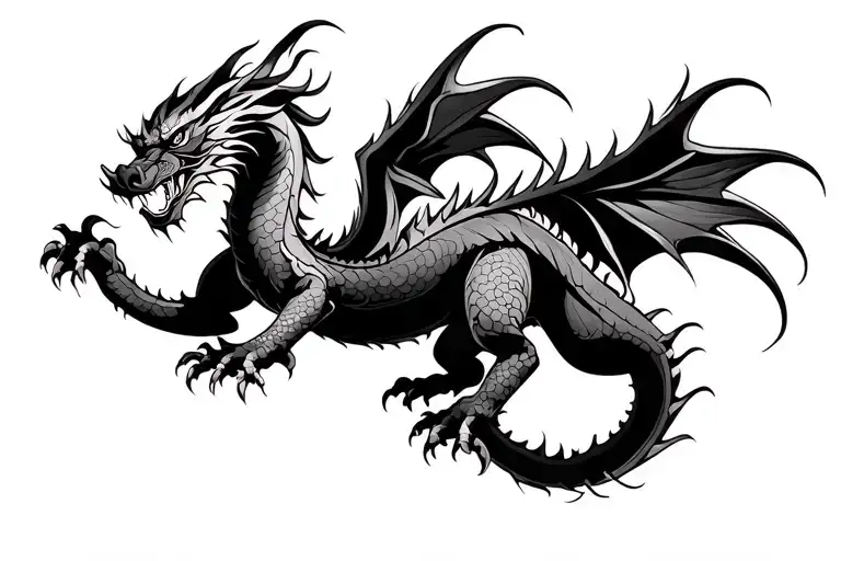 Old-school Japanese Dragon Without Wings Black & White Full Length