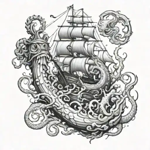 Underwater Kraken With Ship With Bartender Scene Set