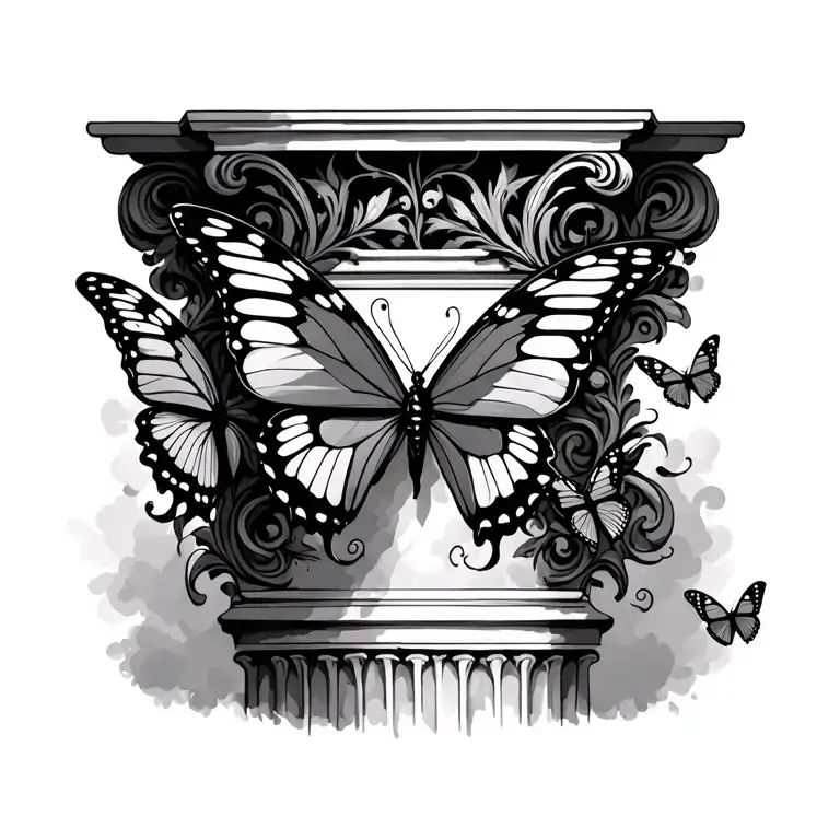 Italian Pillar With Butterfly Flying Around It