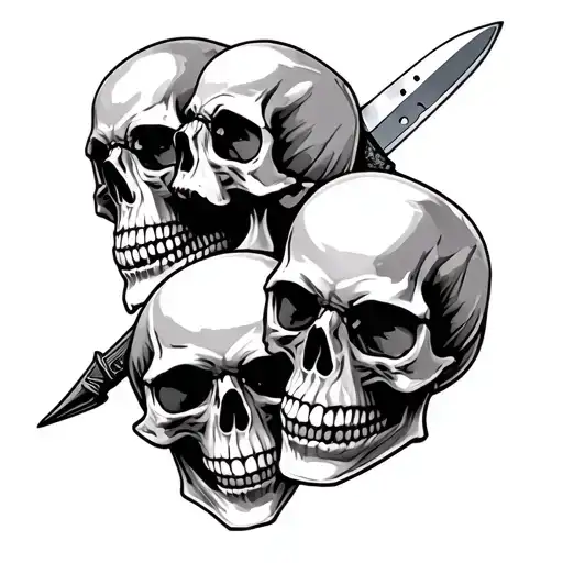 Three Skulls And A Knife Surrounded