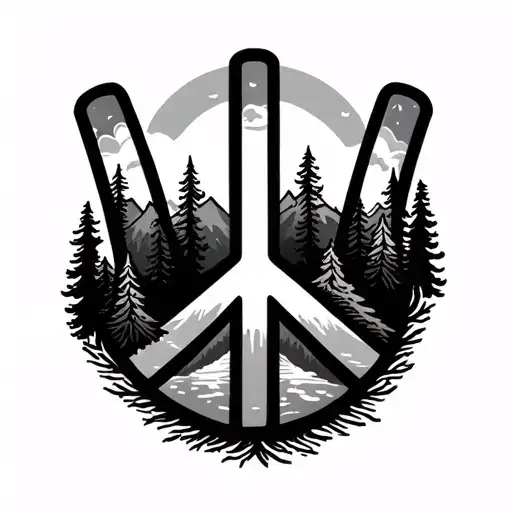 Peace Sign Made In To Pacific Northwest Mountains And Pine Trees