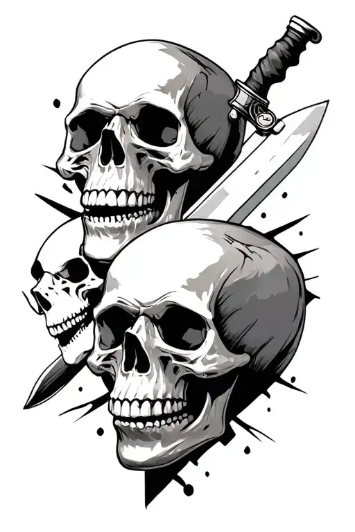Three Skulls And A Knife Surrounded