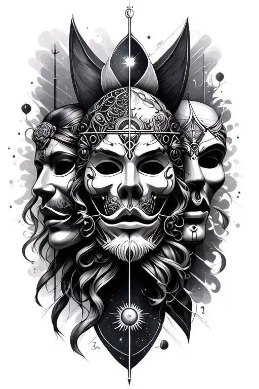 Tatto With Different Types Of Masks In Seperate Locations And Small Le Signe Astrologique