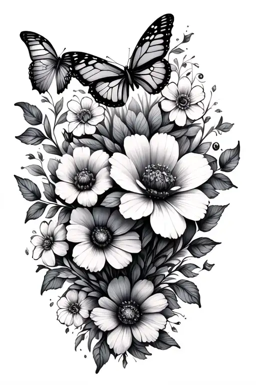 Outlined Flowers And Butterflies Forming The Shape