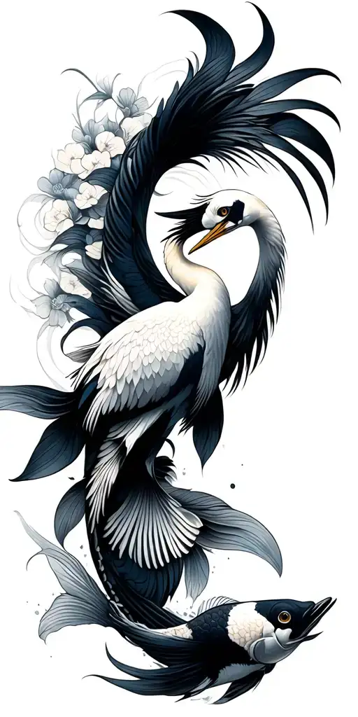 Japanese Crane And Koi Fish Swimming