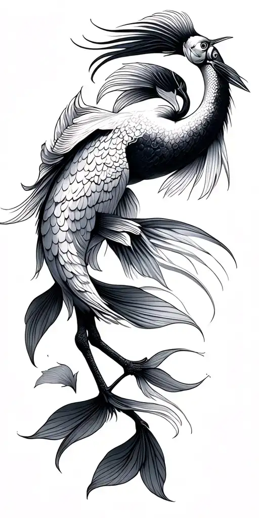 Japanese Crane And Koi Fish