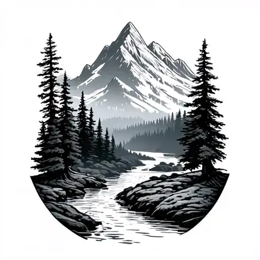 Mountain Background With Trees And A River Flowing Down