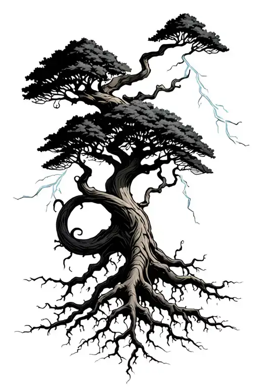 Bendy Tree With Roots Underneath Getting Struck By Lightning