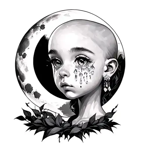Bald Little Girl Infront Of A Moon With Diamond Tears
