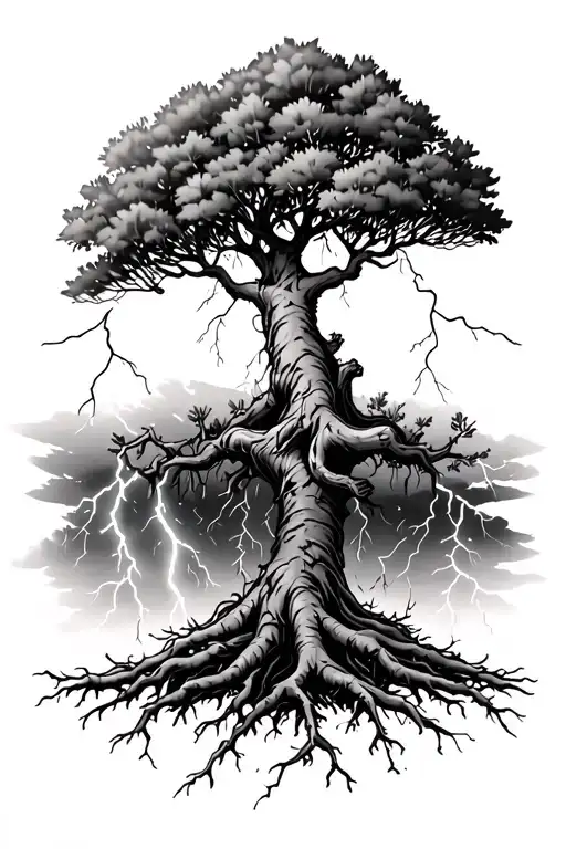 Acacia Tree With A Few Roots And Leaves Coming Out Of It Getting Hit By Lightning