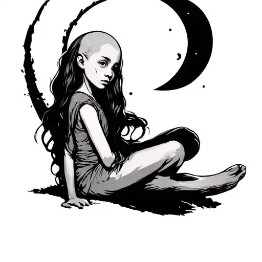 Bald Sick Little Girl Sitting Infront Of A Moon