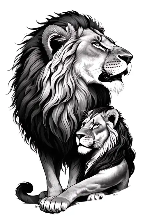 Lion And Lioness Protecting Her