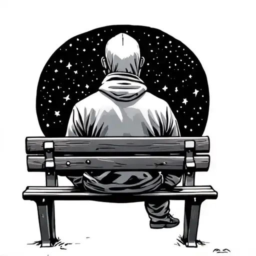 Bald Guy In Hoodie Sitting On A Bench Watching Stars Picture From Behind