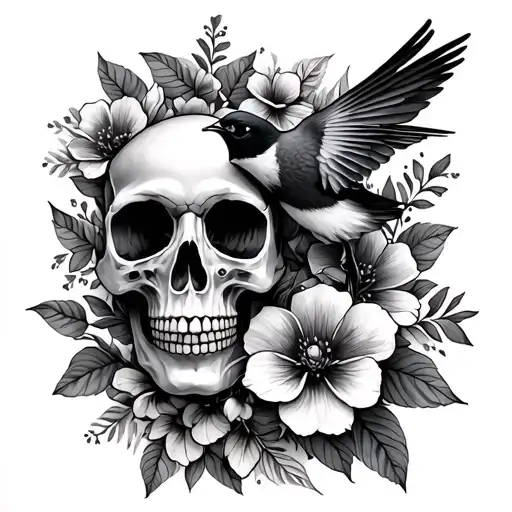 Skull And Flowers And Birds Feminine Sleeve