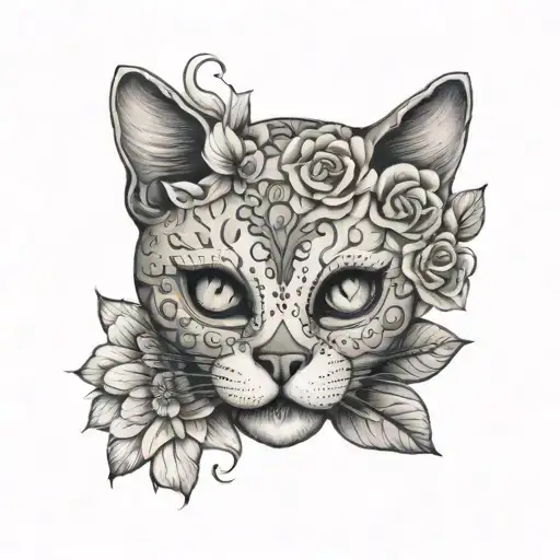 A Sugar Skull Of A Cat With A Sugar Skull With Flowers