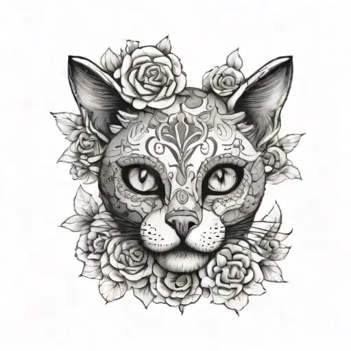 A Sugar Skull Of A Cat With A Sugar Skull Surrounded By Flowers
