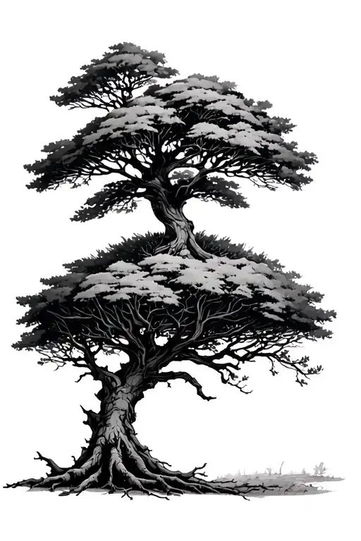 Tree With Small Roots And A Big Bush On Top With Branches Sticking Out Of It