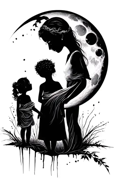 Mother And 3 Children The Moon
