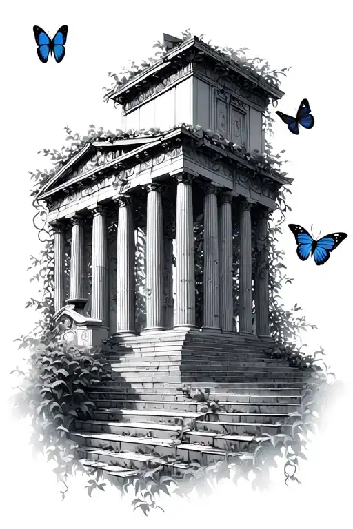 Greek Building With Vines And Butterfly's