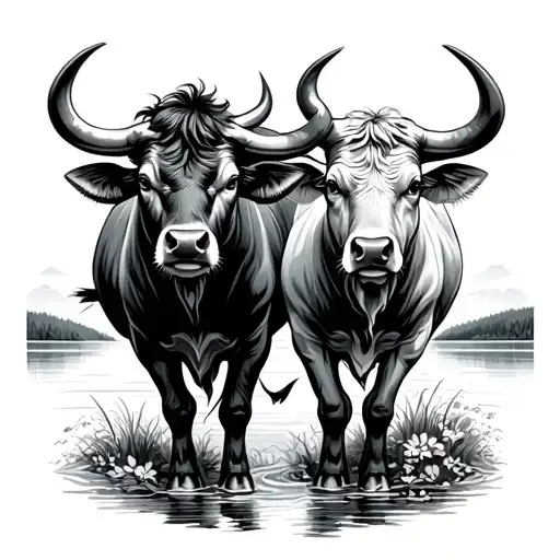 Two Bulls Standing Against Each Other With A Lake In The Background
