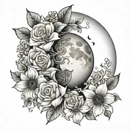 Sleeping Moon And Flowers Surrounding