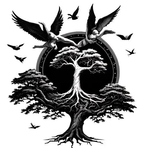 Forearm Tattoo Poison Tree And Angels Flying Around The Tree With Shading Around