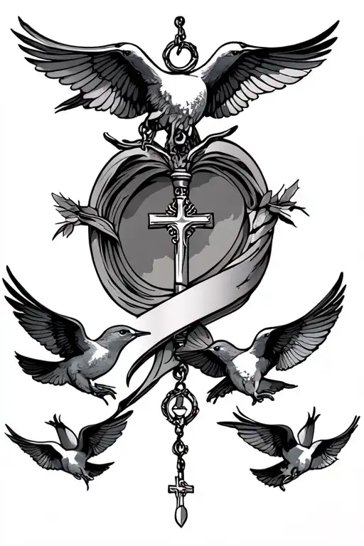 Sleeve With Brocken Scroll Rosary And Three Swallows