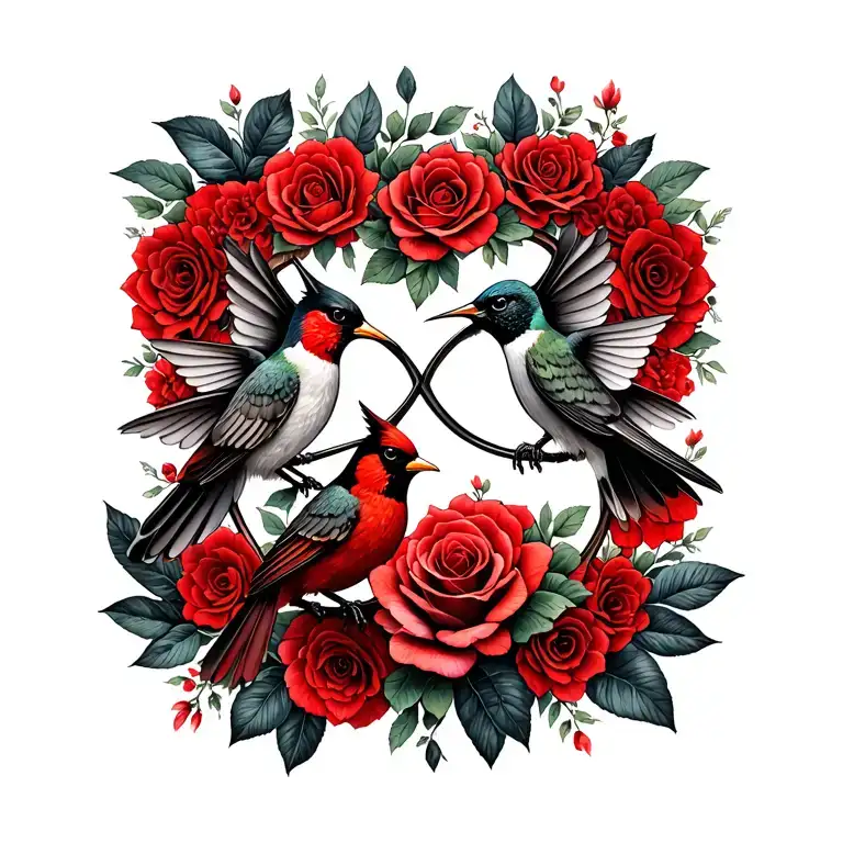 Infinity Symbol Intertwined Hummingbird And Cardinal With Rose